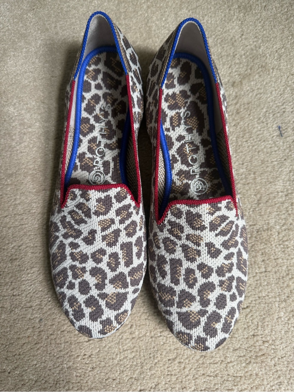 Rothy’s Mocha Spot Loafers Leopard Print Slip-On Flats with Red Trim